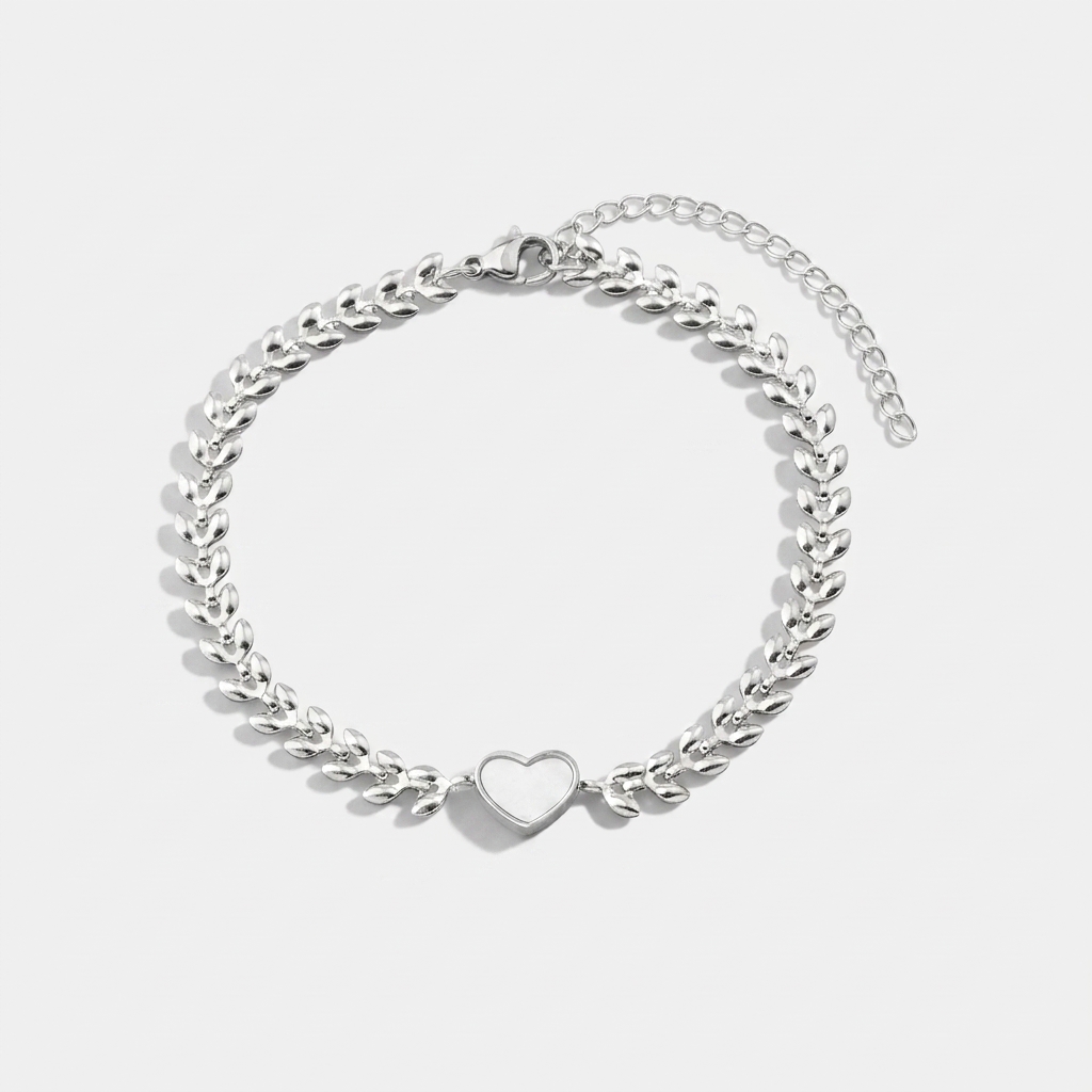 Pulseira Malha Escama Com Coração Madre Pérola Prata - Aço Inox