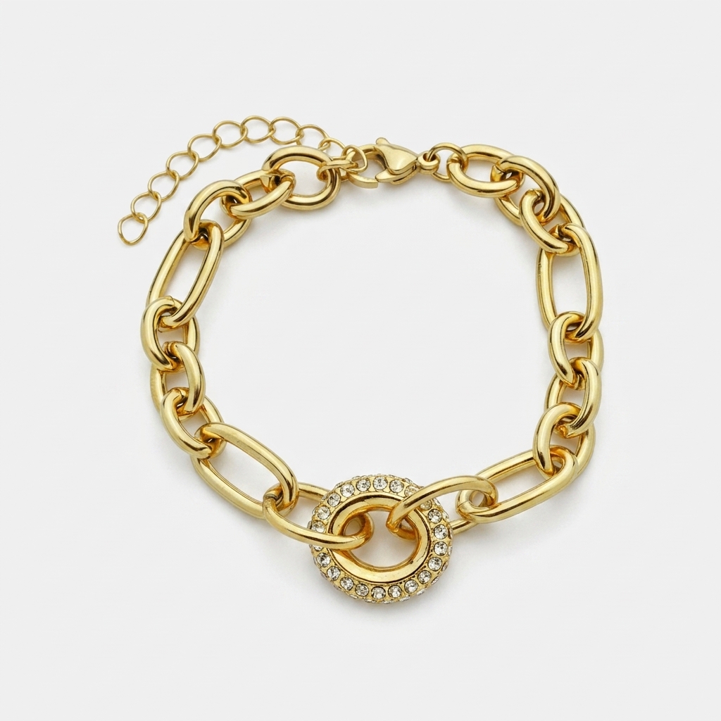 Pulseira Elos e Zircônias Dourado - Aço Inox